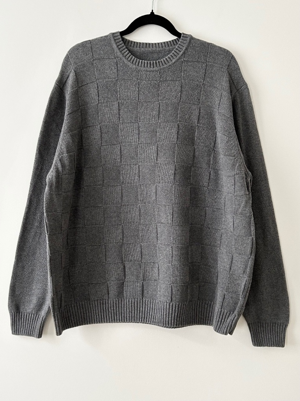 David Taylor 100% Cotton Gray Square Patterned Crewneck Sweater